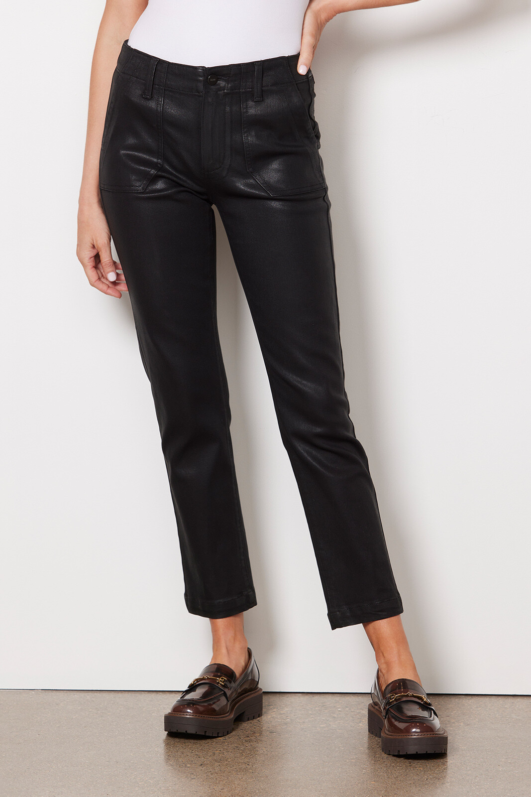 High Waisted Black Coated Straight Ankle Jeans