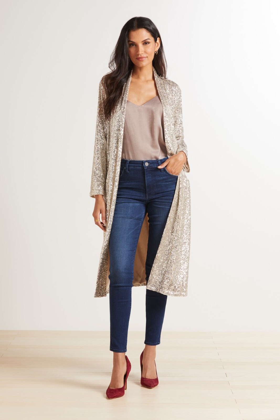 Sequin duster 3 ways. My favorite duster jacket for the holidays