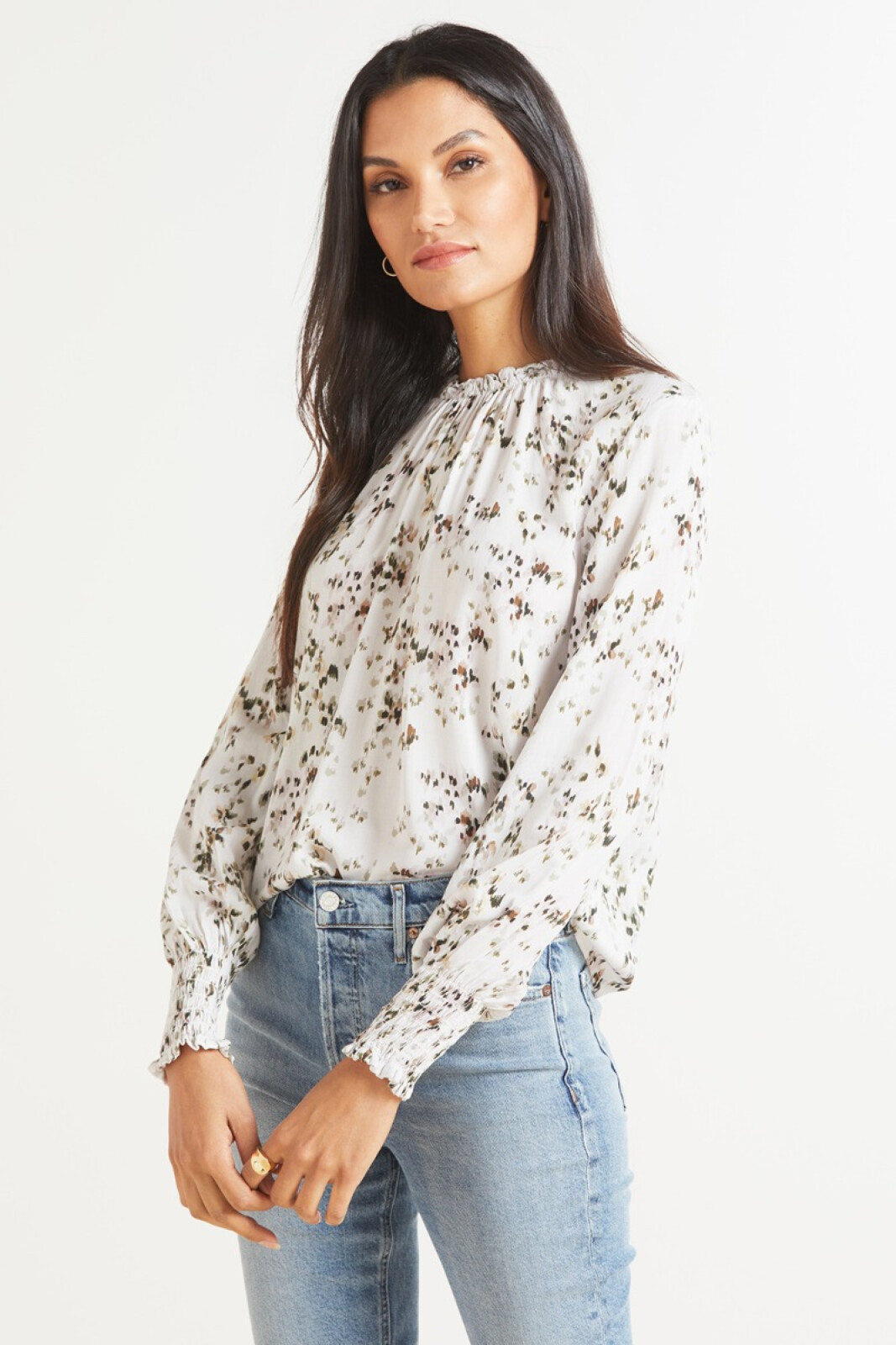 CLOTH AND STONE Floral Shirred Trim Blouse | EVEREVE