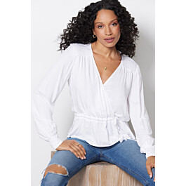 CLOTH AND STONE Smocked Satin Wrap Blouse | EVEREVE