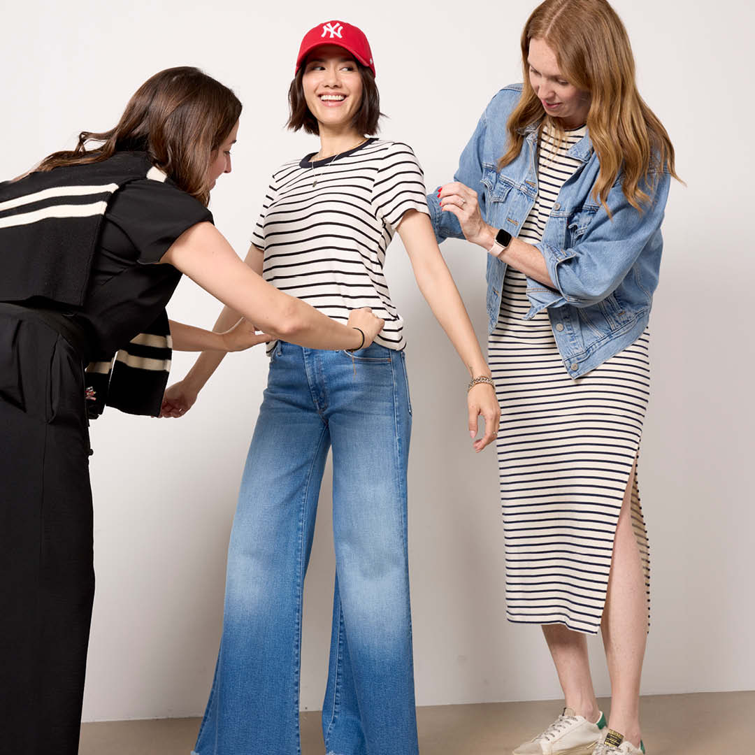 Model wearing petite blue jeans