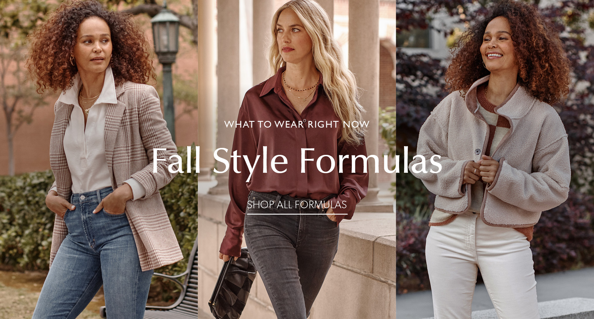 Woman in a blazer and jeans, woman in a burgundy shirt and jeans, woman in a fleece jacket and white jeans - Shop Now